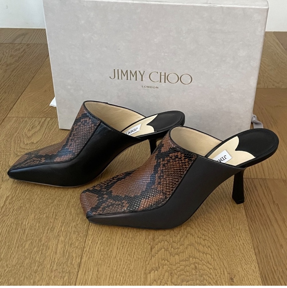 Jimmy Choo Marcel 85mm Snake Effect Leather Square-Toe Mules (Black Tan) - Picture 5 of 15